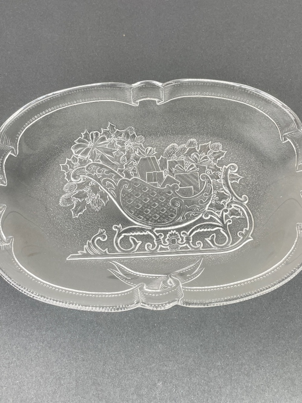 Vintage Christmas Cookie Plate Embossed Glass Santa's Sleigh Ribbon Trim